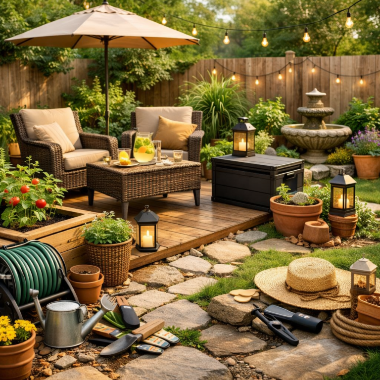 Outdoor and garden essentials arranged in a peaceful backyard featuring raised garden beds, patio seating, gardening tools, solar lights, and lush plants creating a relaxing outdoor retreat.