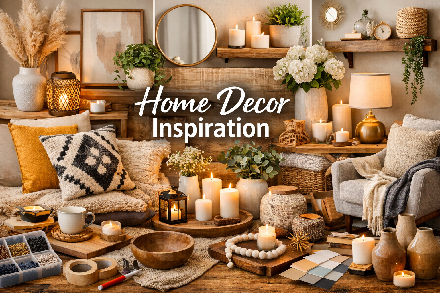 Home Decor Inspiration collage featuring candles, pillows, plants, woven baskets, wall art, lanterns, and cozy neutral decor with text overlay Home Decor Inspiration