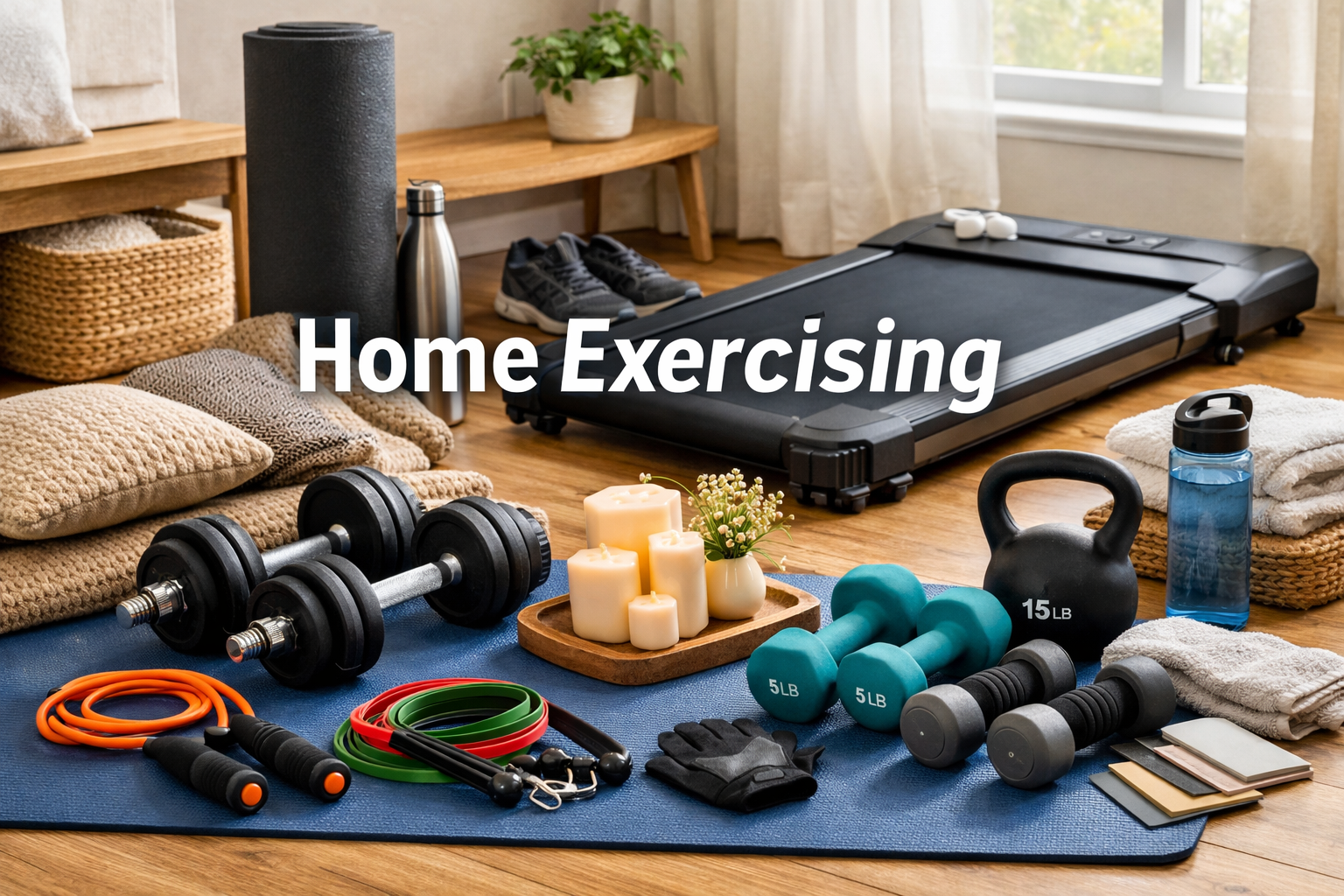 Home Exercising collage featuring yoga mat, dumbbells, resistance bands, jump rope, kettlebell, water bottle, foam roller, and treadmill with text overlay Home Exercising