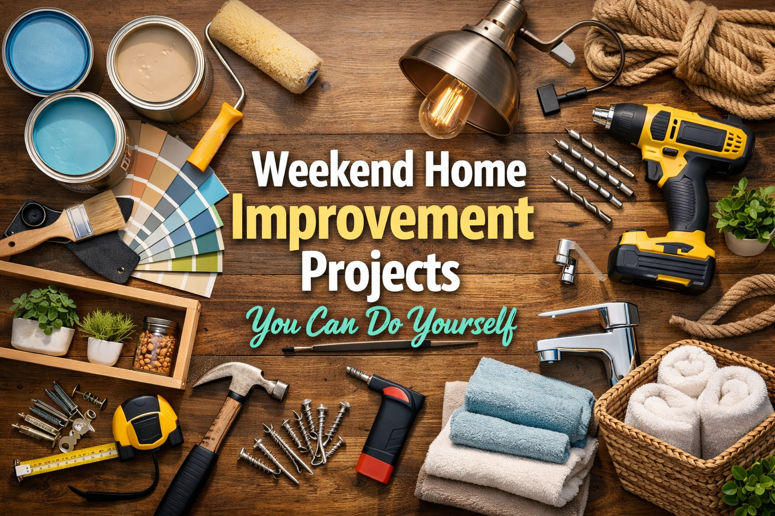 Weekend Home Improvement Projects You Can Do Yourself displayed with paint supplies, lighting fixtures, storage tools and simple DIY materials arranged neatly.