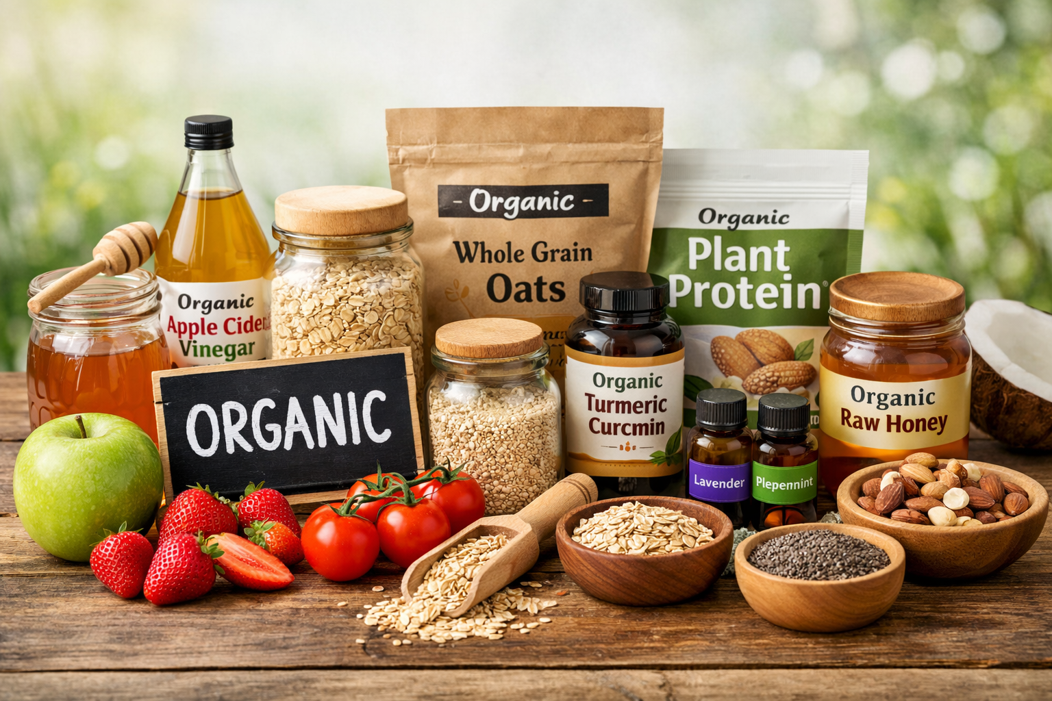 Organic Products collage featuring apple cider vinegar, raw honey, whole grain oats, plant protein, turmeric curcumin, lavender, peppermint oils, nuts, chia seeds, strawberries, tomatoes, and a green apple with a chalkboard labeled “ORGANIC