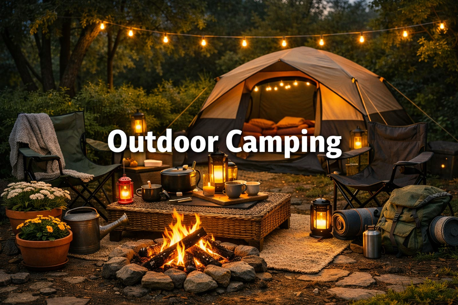 Outdoor Camping scene featuring tent, campfire, lanterns, folding chairs, cooking gear, backpack, and text overlay Outdoor Camping