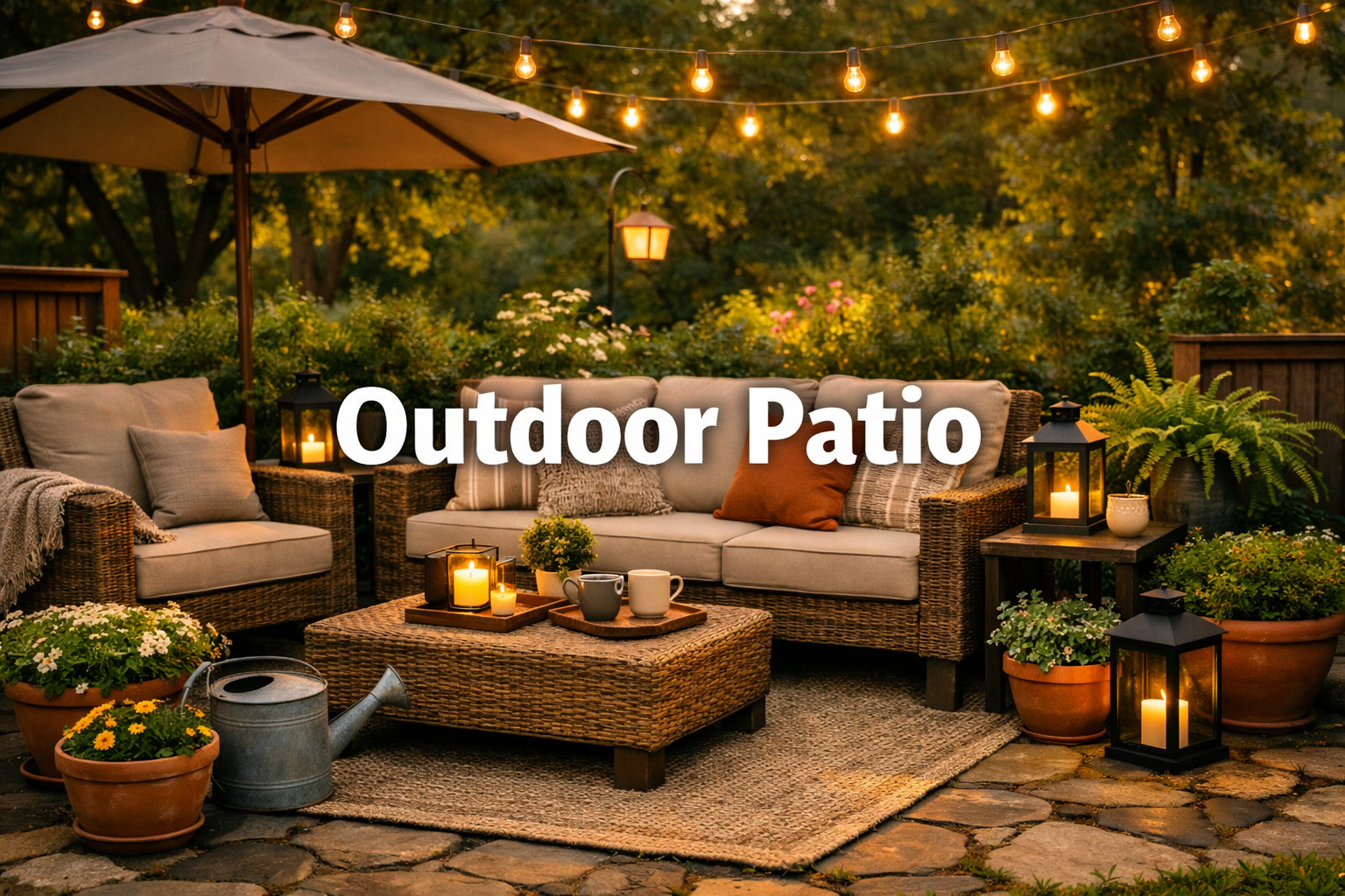 Outdoor Patio scene featuring cushioned wicker sofa, armchair, rattan coffee table, lanterns, string lights, potted plants, outdoor rug, and text overlay Outdoor Patio