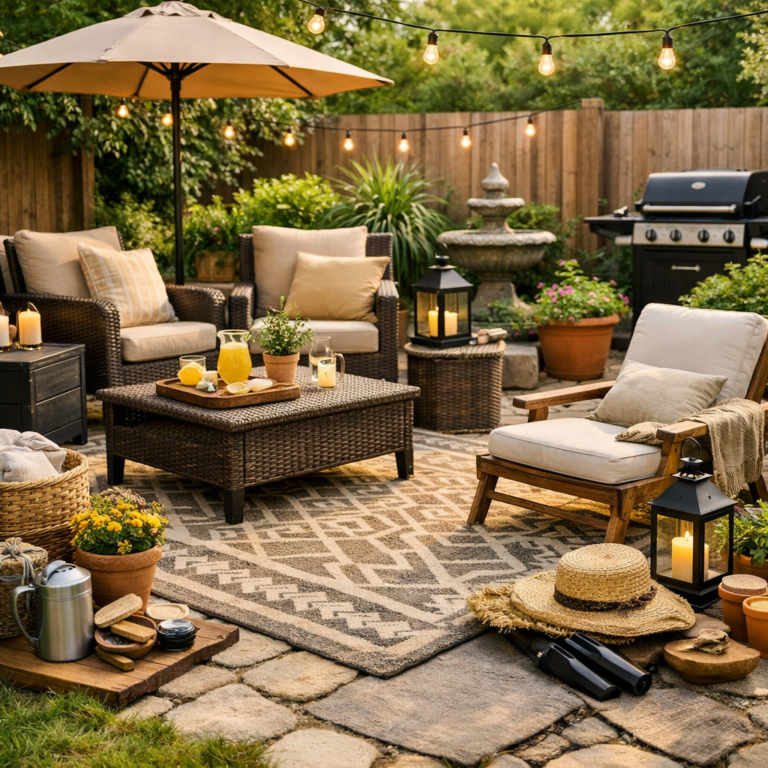 Outdoor patio essentials arranged in a cozy backyard featuring cushioned wicker seating, a patio umbrella, outdoor rug, lanterns, potted plants, and a relaxing patio setup designed for comfort and style.