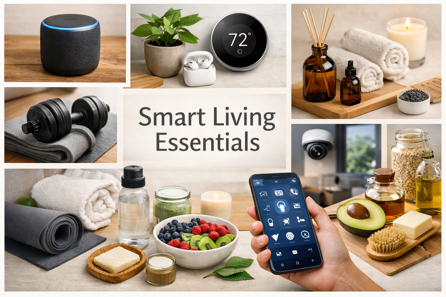 Collage of Smart Living Essentials including smart home devices, wellness items, home gym equipment, and clean living products arranged around the title Smart Living Essentials