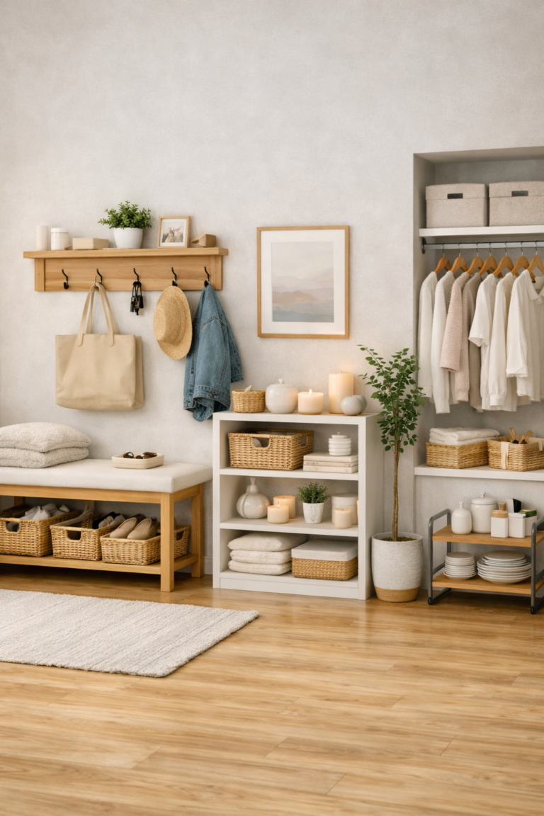 A calm and clutter free home featuring entryway racks, living room shelves, and organized closet storage, showing how racks and organizers create a peaceful and clutter free home environment.