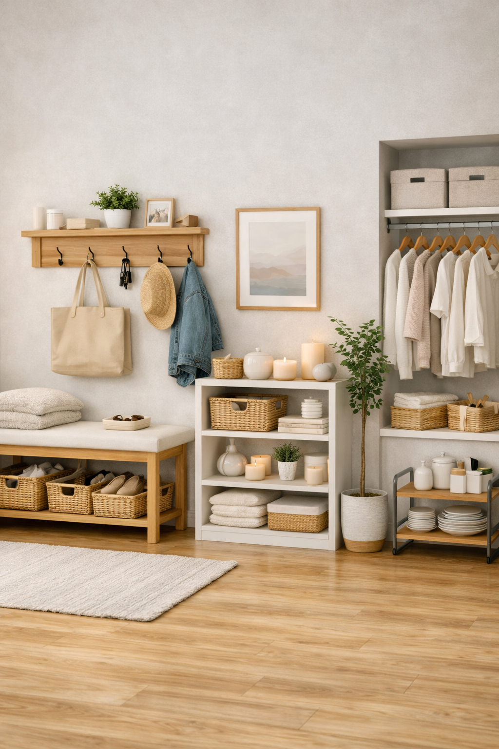 A calm and clutter free home featuring entryway racks, living room shelves, and organized closet storage, showing how racks and organizers create a peaceful and clutter free home environment.