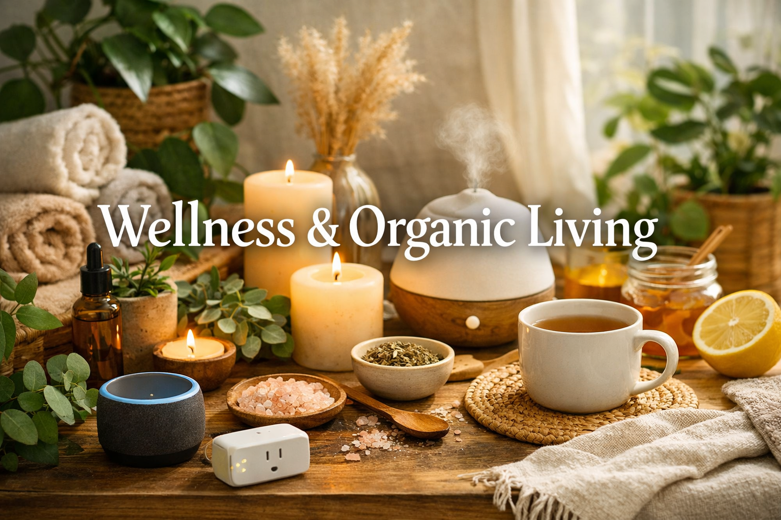 Wellness & Organic Living scene featuring essential oils, candles, plants, Himalayan salt, natural textures, herbal ingredients, and text overlay Wellness & Organic Living.