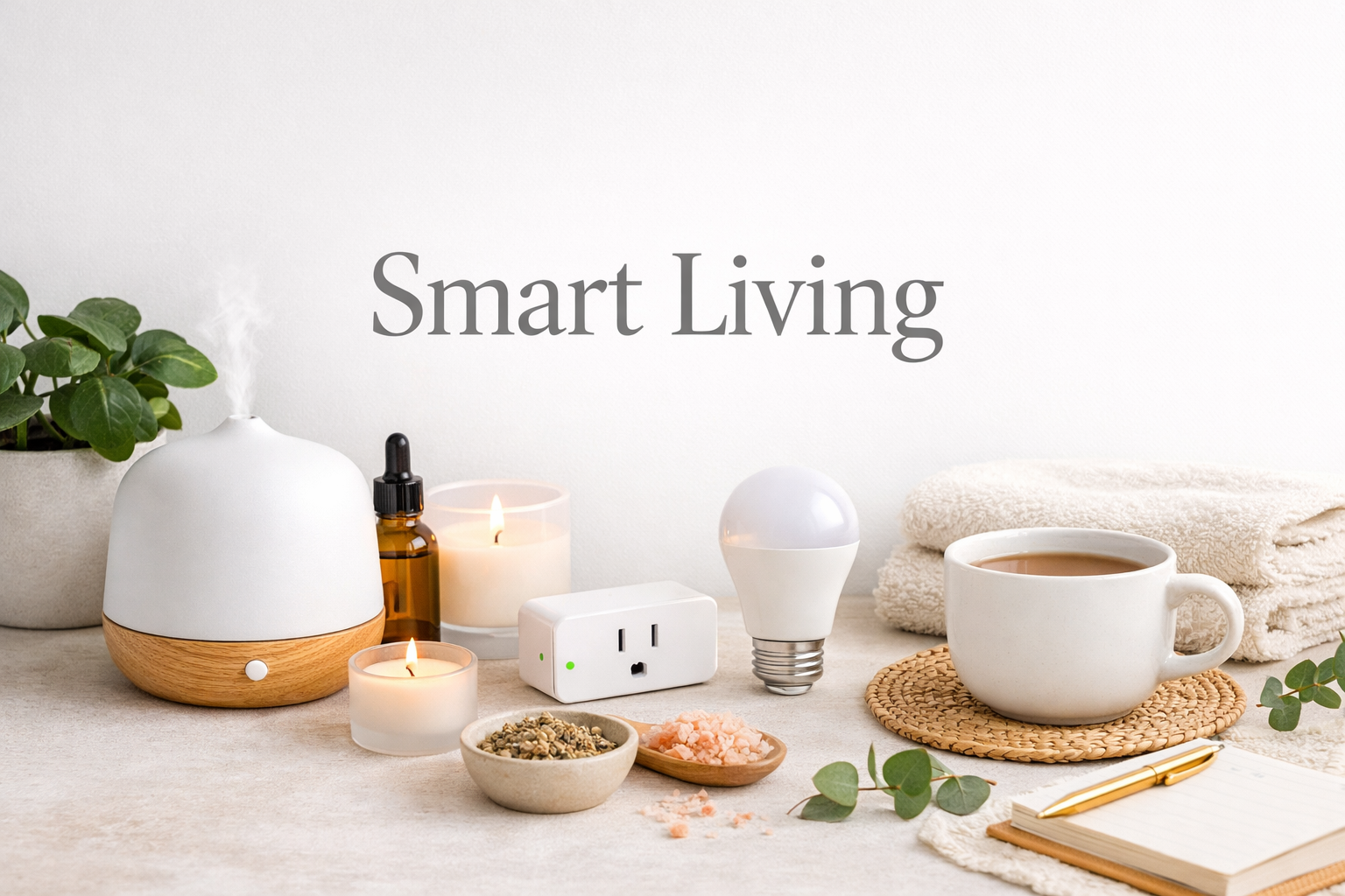 Minimalist Smart Living scene featuring essential oil diffuser, smart plug, smart bulb, candle, plant, coffee cup, eucalyptus, and text overlay Smart Living