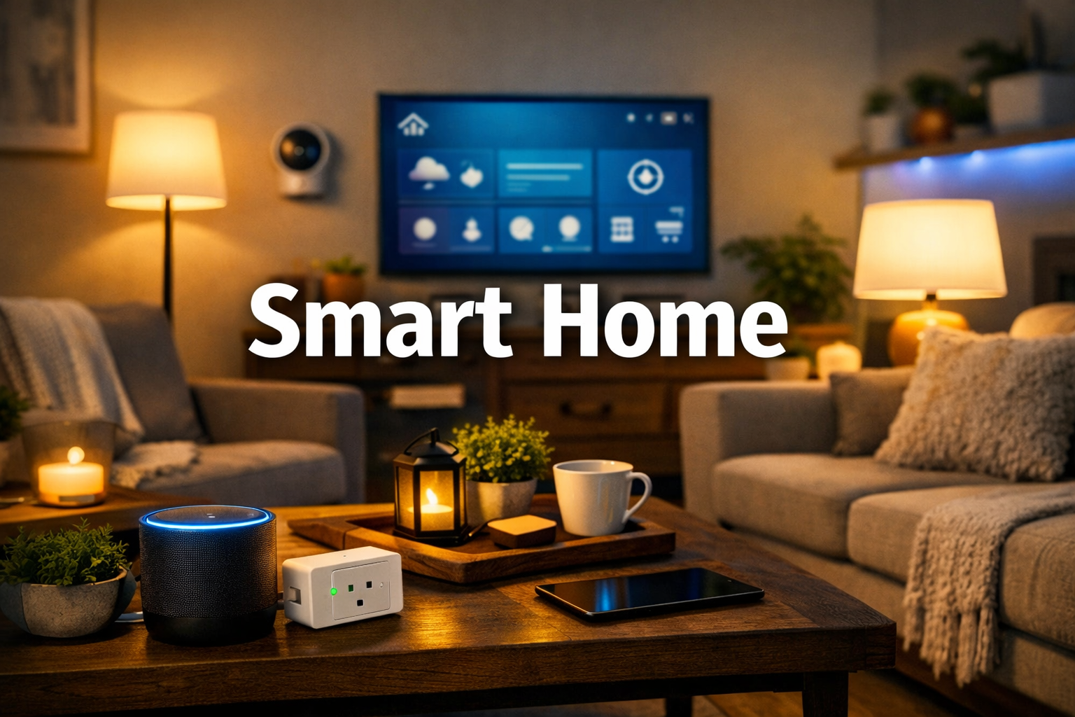 Smart Home living room scene featuring smart bulbs, smart speaker, smart plug, ambient lighting, security camera, smart TV interface, and text overlay Smart Home.