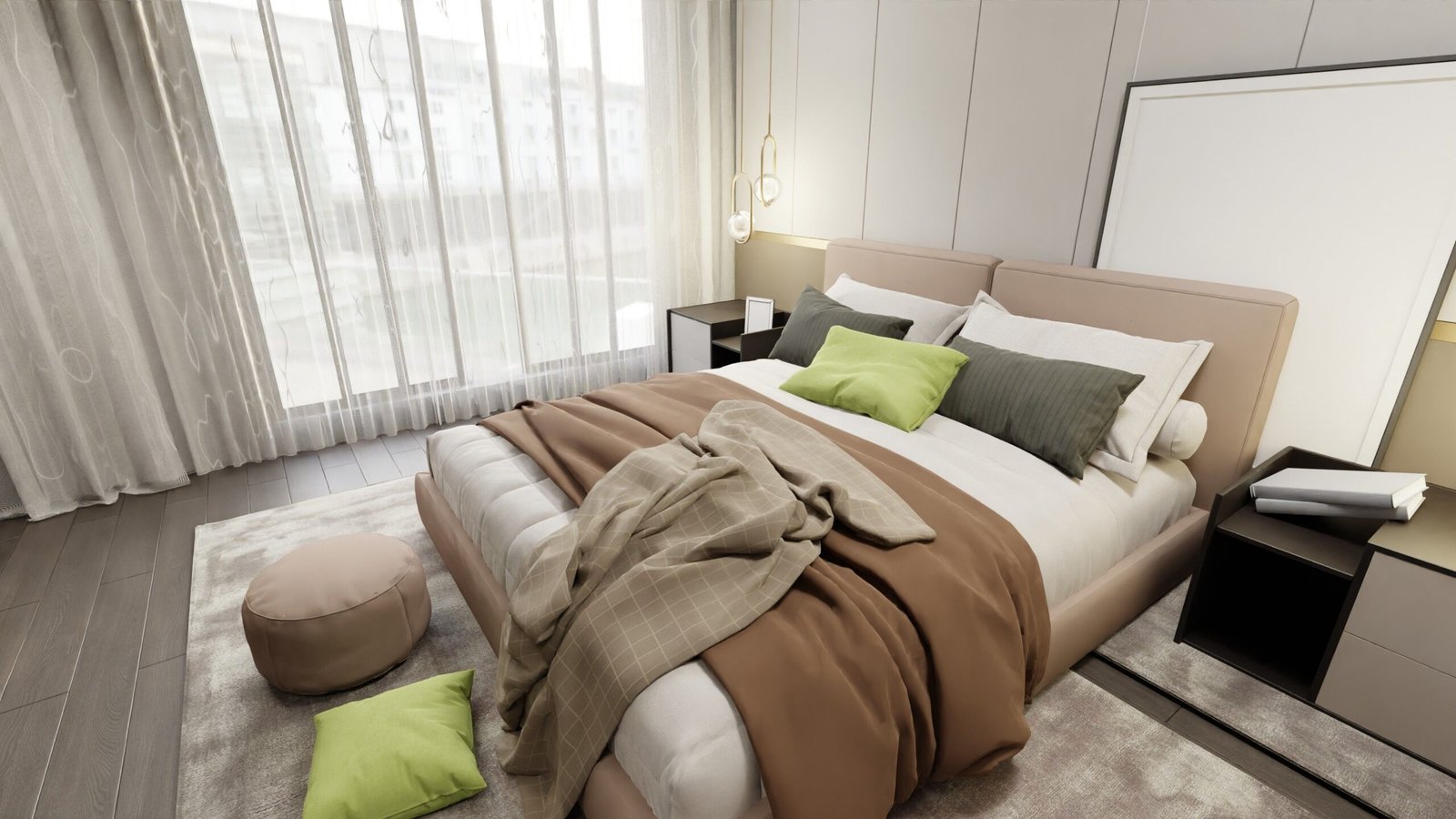 Bedroom decor ideas in a calm neutral room with a padded beige headboard, layered bedding, a green cushion and a soft grey rug