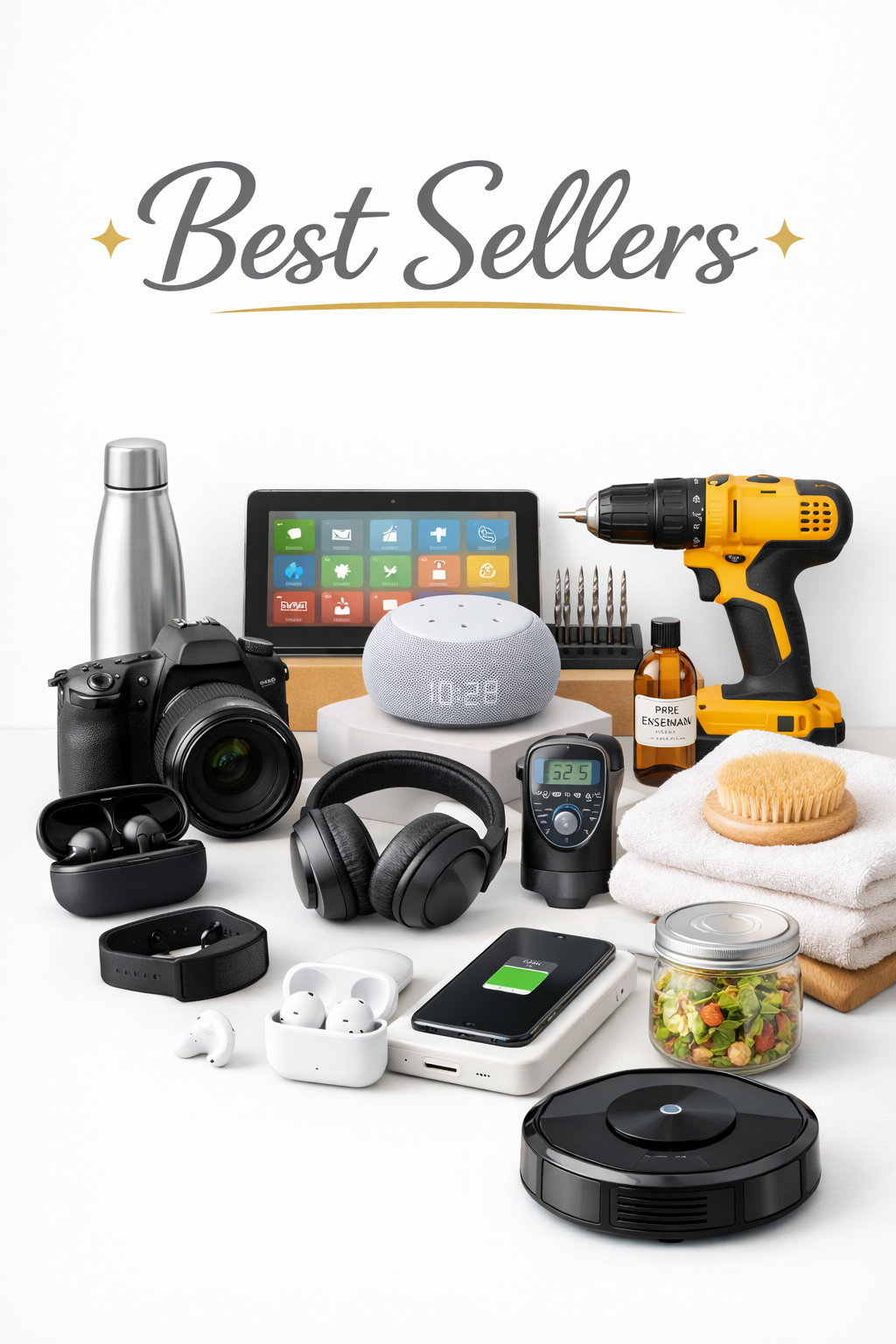 Collection of best selling products including a DSLR camera, wireless earbuds, over-ear headphones, smartwatch, smart speaker, tablet, power drill, smartphone on a charging pad, essential oil bottle, rolled towels with a body brush, salad jar, and robotic vacuum, arranged around a "Best Sellers" title