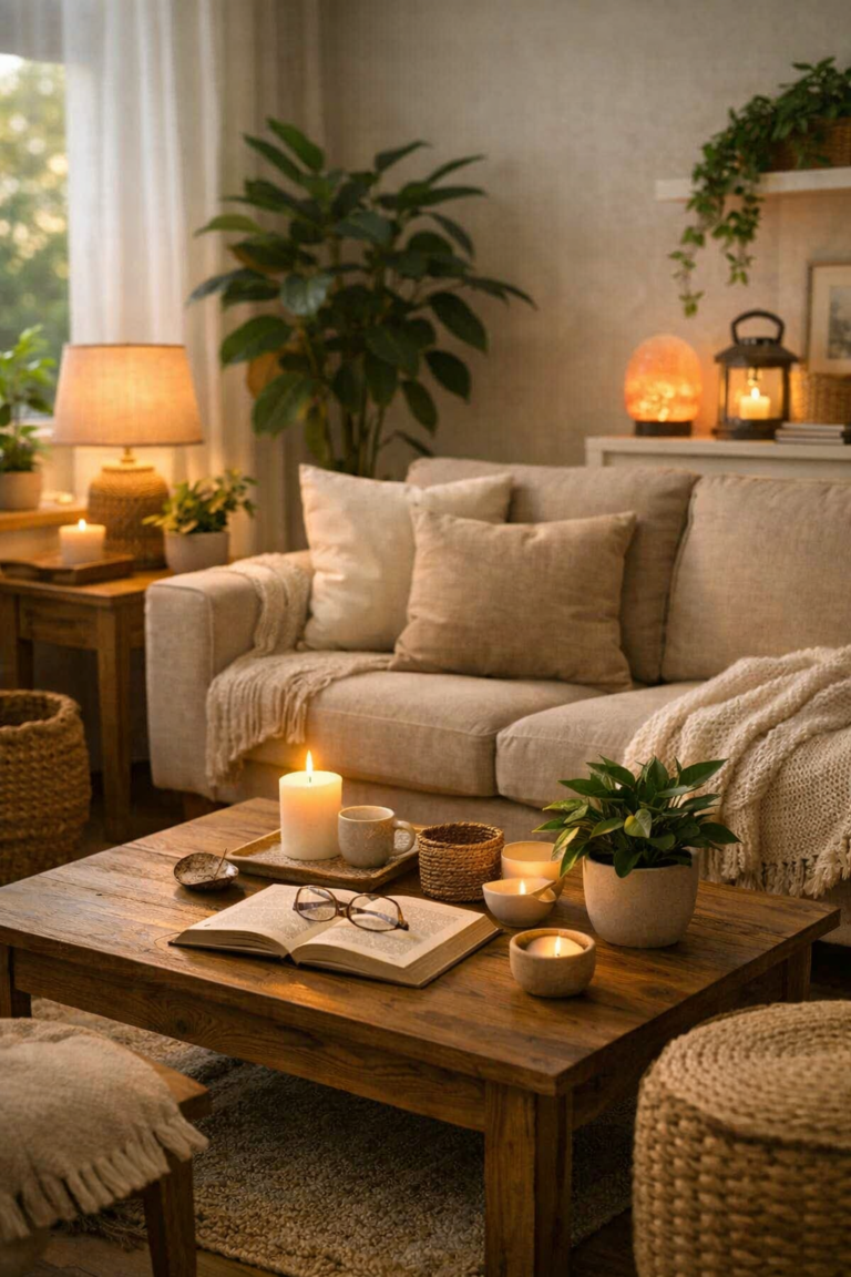 Cozy living room with a beige sofa, soft cushions, warm lighting, wooden coffee table, lit candles, indoor plants, and natural textures creating a calm and peaceful home atmosphere.