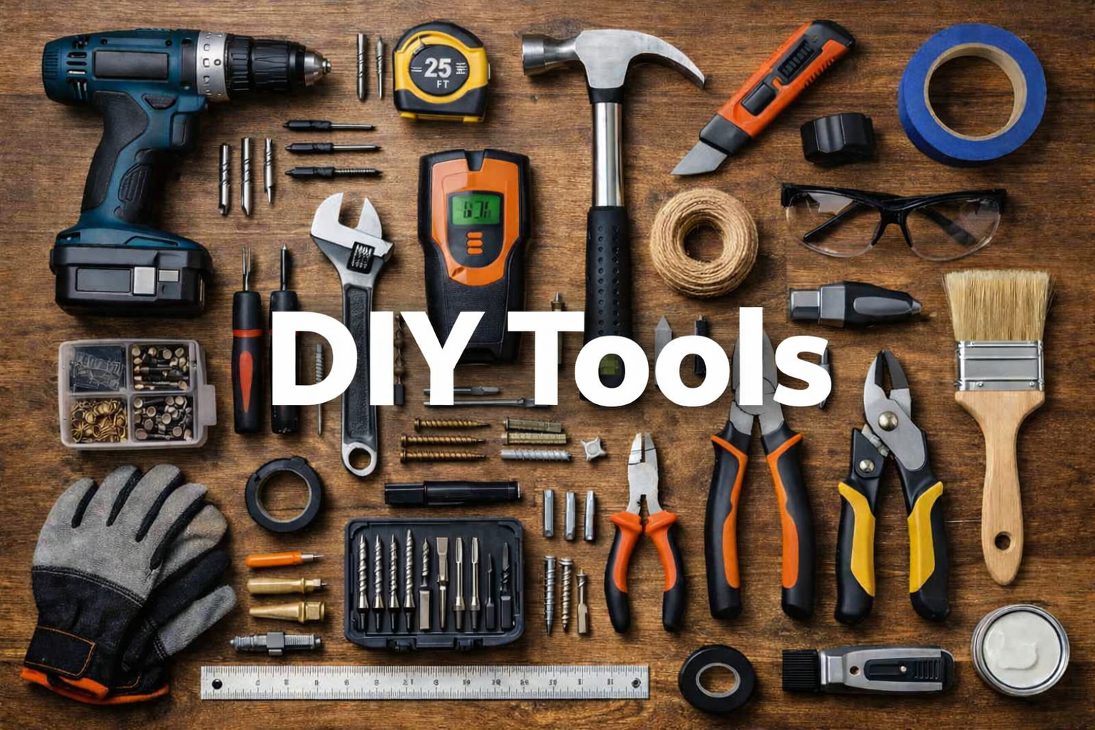 Various tools for Home improvement displayed on a wooden table