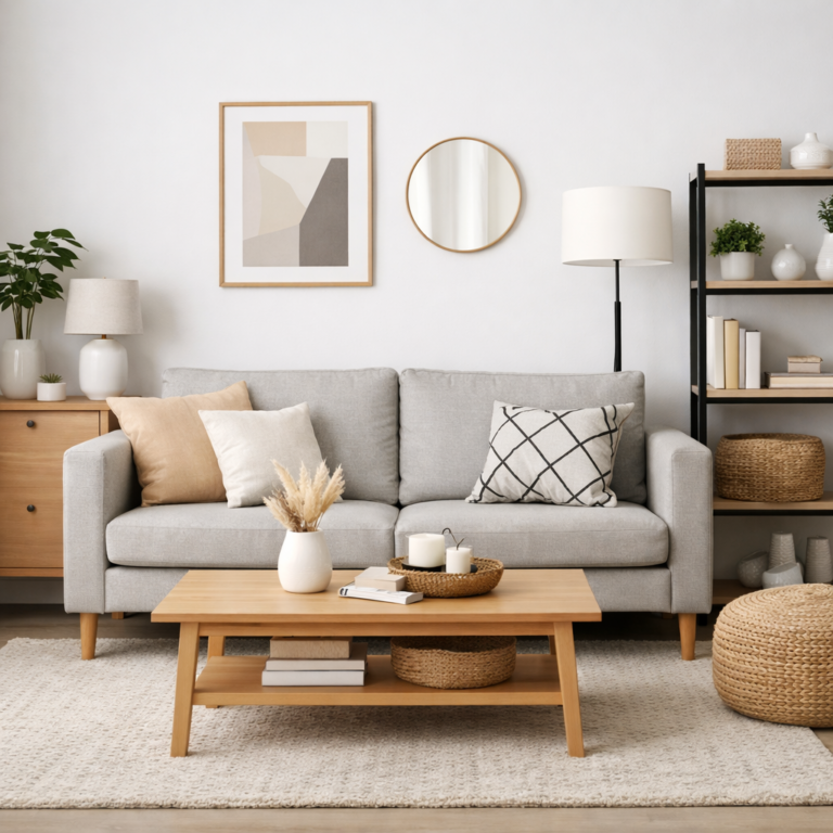 Modern minimalist living room with a light gray sofa, neutral pillows, wooden coffee table, and natural decor accents including dried plants, candles, and books, creating a cozy and stylish atmosphere.