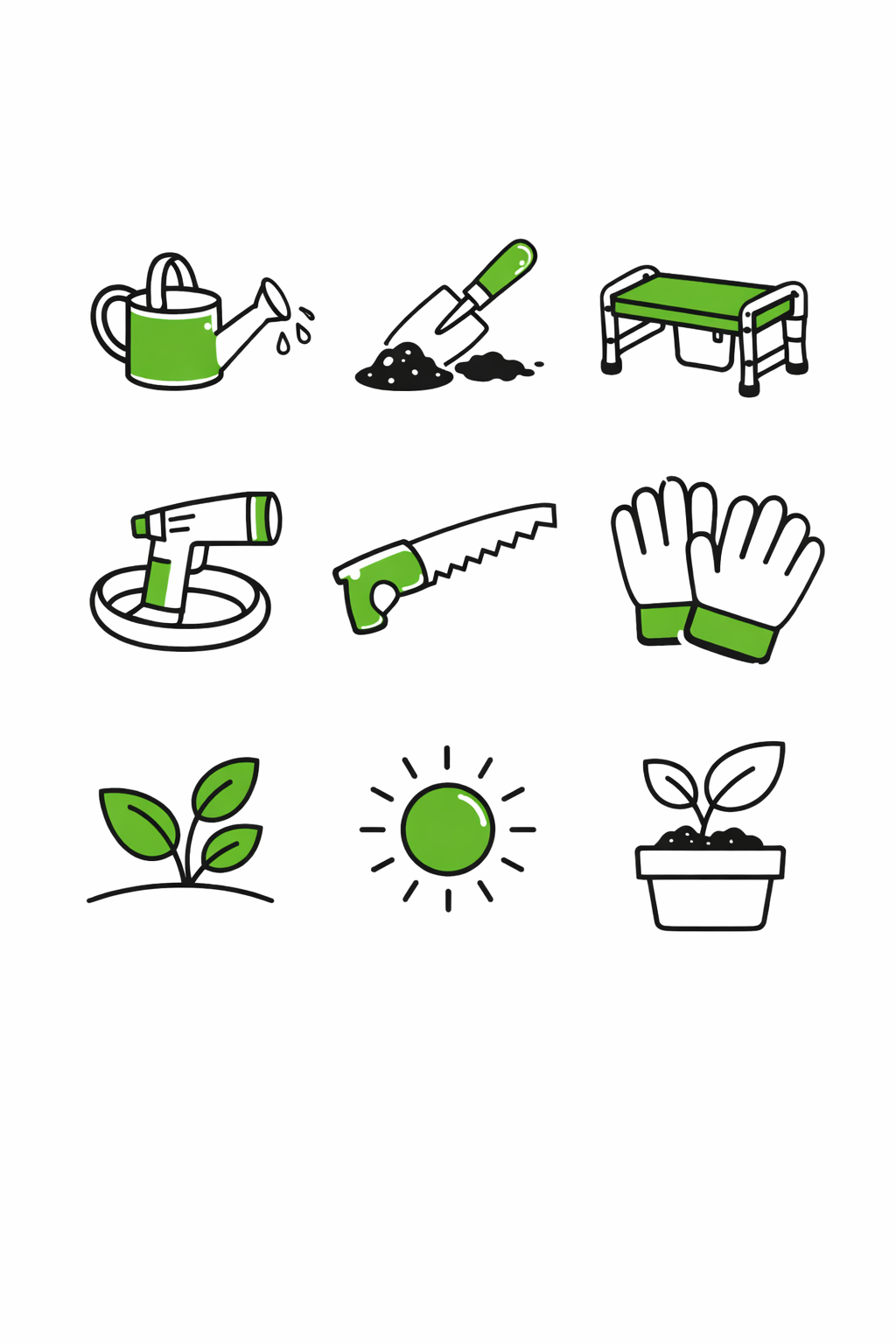 Minimalist outdoor and garden icon set featuring watering can, trowel, garden kneeler,