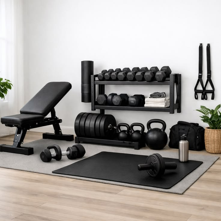 Home gym displaying various dumbells and other equipment