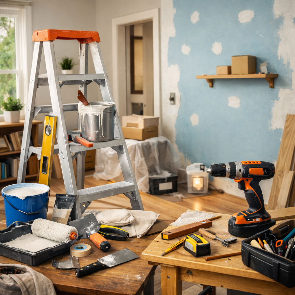 Painting a room with all tools spread across the room
