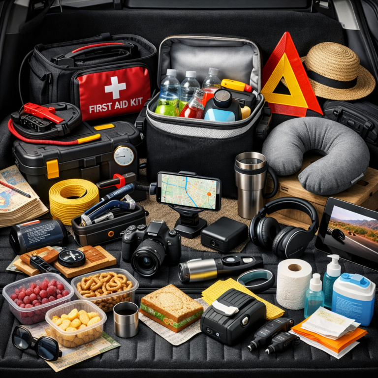 “A neatly arranged display of automobile trip essentials in an open car trunk, including a first‑aid kit, jump starter, tire inflator, cooler bag with drinks, travel mug, camera, maps, snacks, and safety gear — representing must‑have items for safe and organized road travel