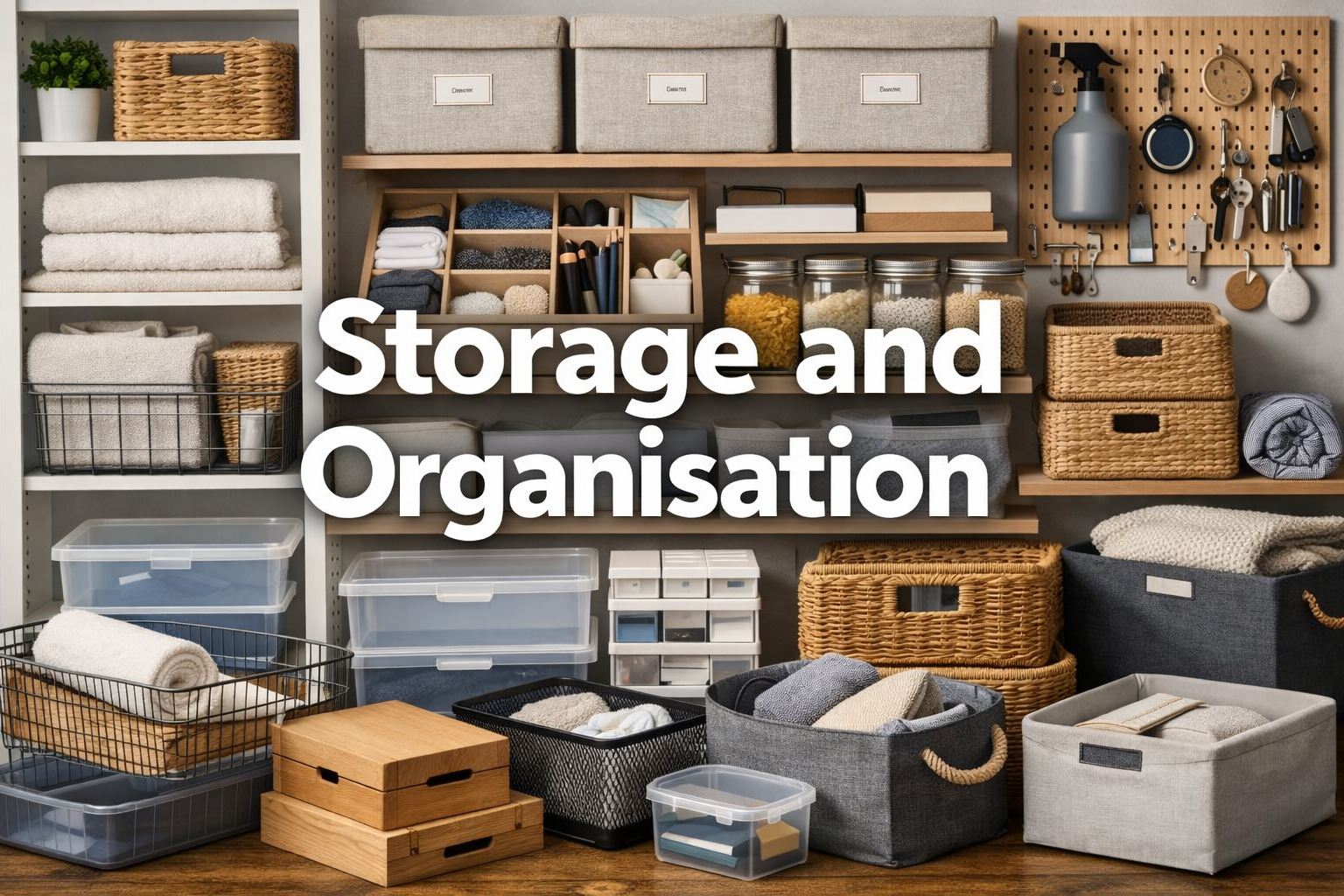 Neatly arranged storage and organisation items including baskets, drawer organizers, labeled boxes, glass jars, pegboard accessories and fabric bins, displayed on shelves and a wooden surface with the text “Storage and Organisation” overlayed in bold white letters.
