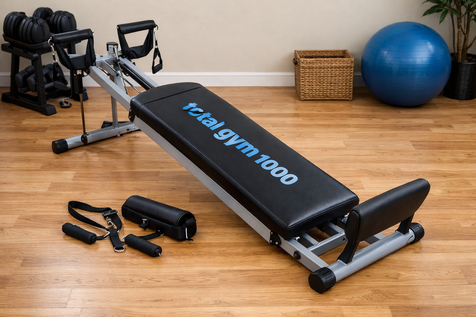 Home gym setup with a Total Gym 1000 machine, padded sliding bench, resistance handles, dumbbells, exercise ball, and a potted plant on a wooden floor