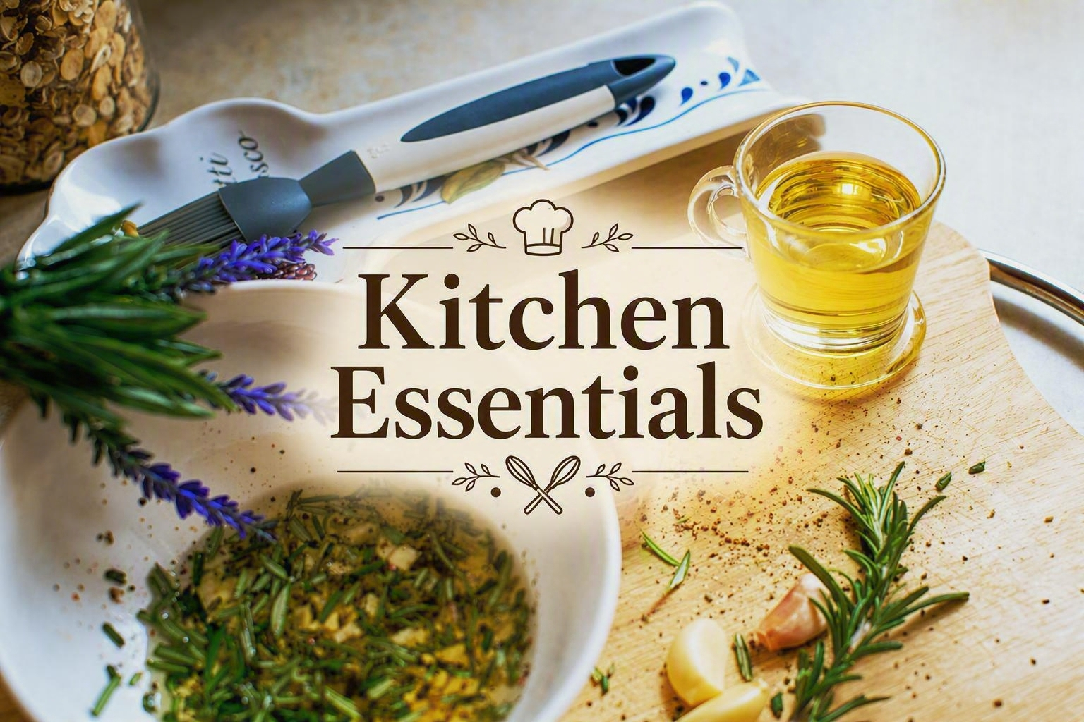 Wooden board with garlic, rosemary sprigs, cracked pepper, a glass of olive oil and a pastry brush resting on a spoon rest