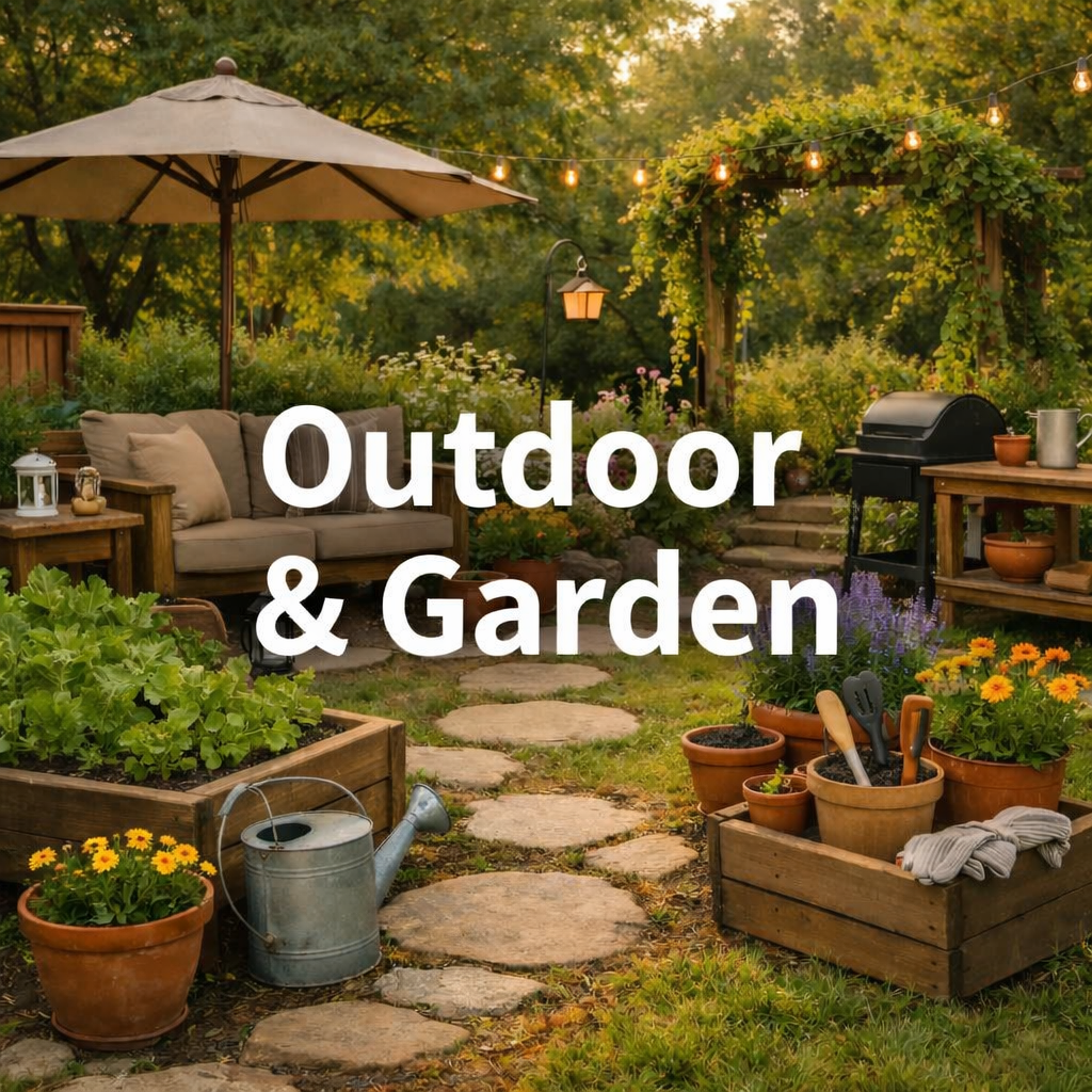 Outdoor and Garden backyard scene featuring cushioned wooden sofa under patio umbrella, raised garden beds with vegetables and flowers, watering can, potted plants, stone pathway, pergola with string lights, and text overlay Outdoor & Garden
