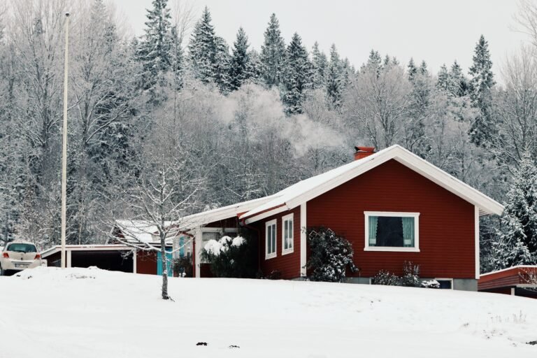 Red wooden house with white trim and a snow covered roof on a snowy hillside, with frosted pine and bare trees behind it