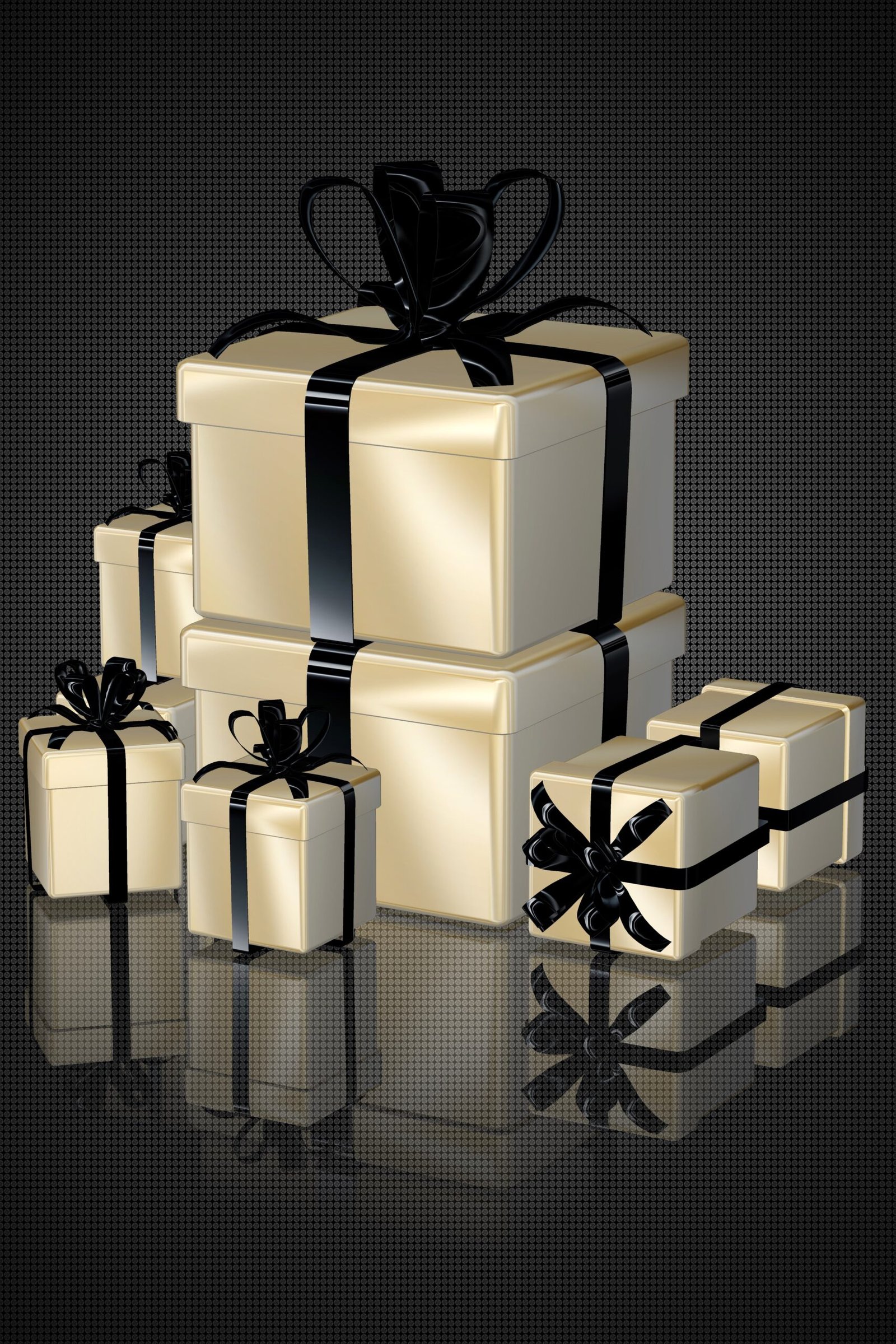 Stack of cream and gold gift boxes tied with glossy black ribbons and bows, reflected on a dark shiny surface