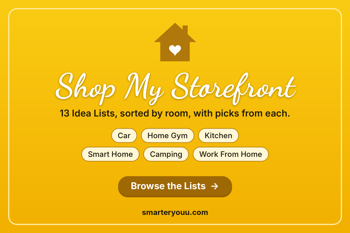 Yellow banner with a gold house and white heart icon, white script text reading Shop My Storefront, tags for Car, Home Gym, Kitchen, Smart Home, Camping and Work From Home, and a gold Browse the Lists button